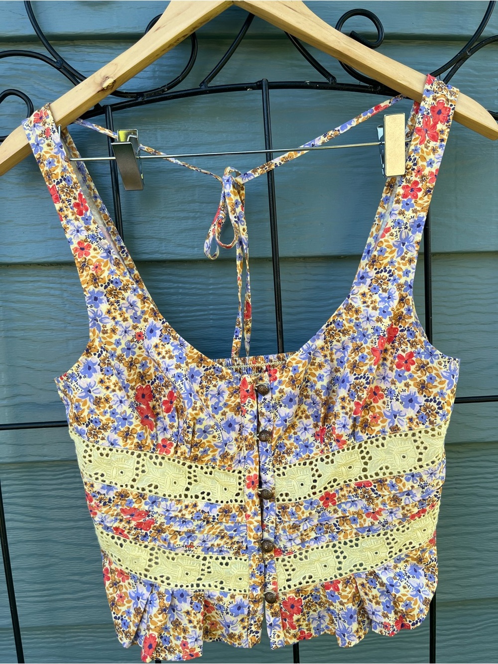 Floral Lace-Trim corset brass button closure
